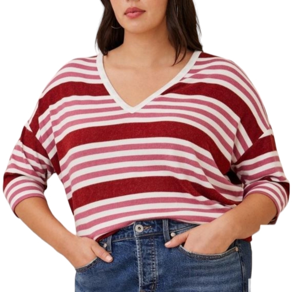 Torrid Super Soft Plush V-Neck Drop Shoulder Stripe Top Burgundy Pink M/L